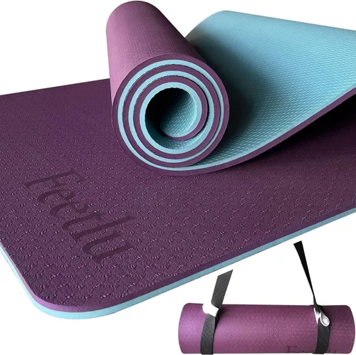 Tapete de yoga para ejercicios extra grueso con correa - 2/5 pulgadas (10 mm), tapete antideslizante para entrenamiento de yoga, pilates y Morado