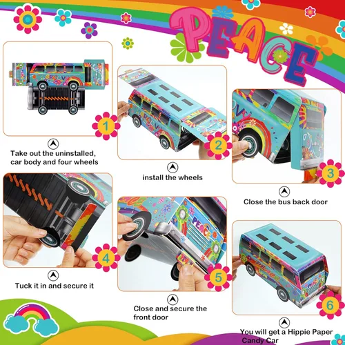 Miniatura 4 de Eersida 3 piezas de decoraciones geniales de los años 60 y 70, decoraciones de fiesta hippie de flores, paz, autobús retro, golosinas, cajas