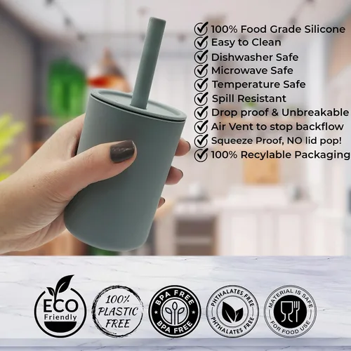 Miniatura 4 de Vasos de silicona para batidos con pajilla, vaso de entrenamiento irrompible con popote para bebés y niños pequeños para menos desorden, taza