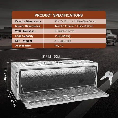 Miniatura 7 de VEVOR Caja para Camión Underbody, Caja de Almacenamiento para Pickup de 48"×17"×18", Caja de Herramientas de Placa de Diamante de Aluminio Plateado