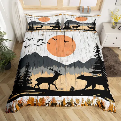 Miniatura 24 de Juego de ropa de cama de oso rústico tamaño individual para mujeres adultas, funda de edredón con estampado de oso salvaje y animales salvajes