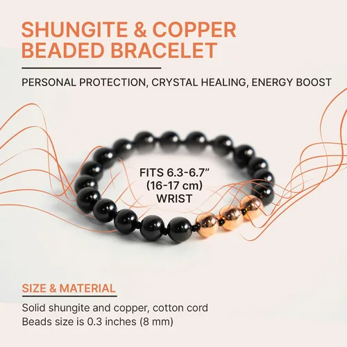 Miniatura 2 de Karelian Heritage Shungite Stones Elastic Stretchy Bracelet with 3 opper Plated Beads Authetic Shungite Crystal Jewelry Protective Powerful