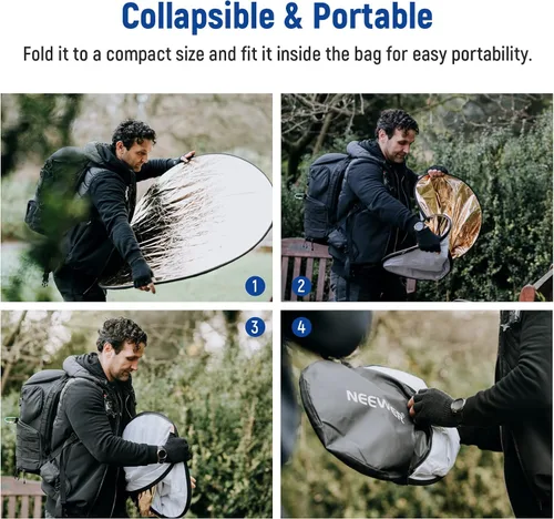 Miniatura 5 de NEEWER Kit de reflector de luz de 43"/110cm, reflector redondo plegable 5 en 1 (translúcido/plata/oro/blanco/negro), abrazadera de metal y soporte
