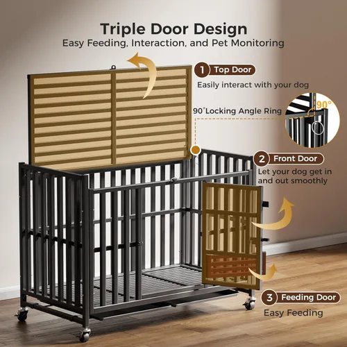 Miniatura 8 de Jaula para Perros de Servicio Pesado, Jaula Indestructible a Prueba de Escape para Perros con Alta Ansiedad, Perrera de 3 Puertas con 4 Ruedas