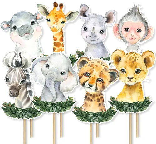 24 palos de centro de mesa de safari, decoración de fiesta de baby shower de animales de la selva para niños y niños, suministros de fiesta temática