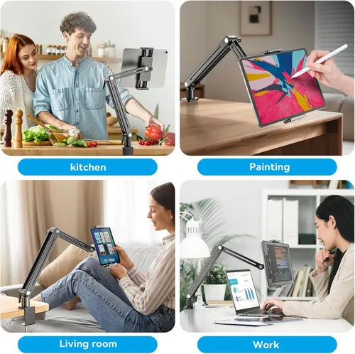 Miniatura 7 de Jakeko Soporte Ajustable para Tablet en Escritorio - Base Giratoria de 360 Grados, Soporte de Brazo Alto, Montura Giratoria y Abrazadera Flexible