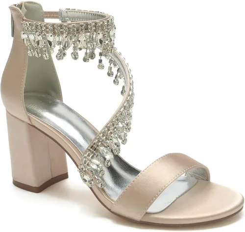 Hyinlays Sandalias de tacón alto de cristal grueso para mujer, con correa de tobillo, zapatos de boda, baile de graduación, zapatos de noche