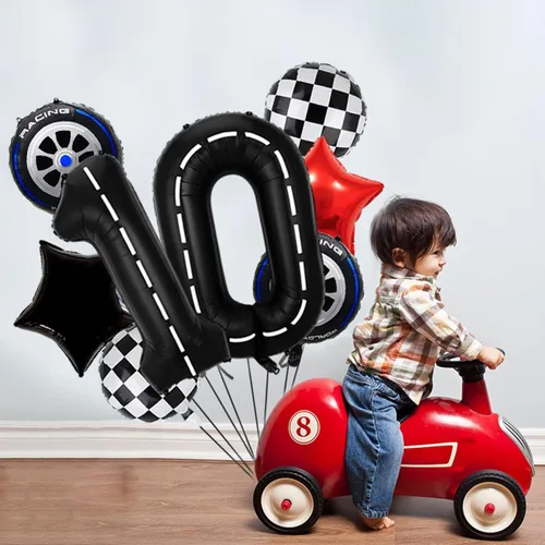Miniatura 6 de Globos de auto de carreras, decoraciones de cumpleaños de autos, globos de aluminio grandes de 40 pulgadas, globos negros del número 0