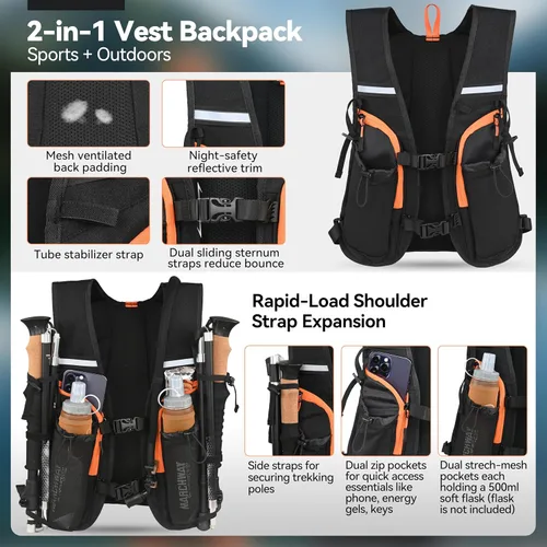Miniatura 3 de MARCHWAY Mochila de hidratación ligera con correas estilo chaleco y bolsa de agua de TPU de 2.5 L, versátil y elegante paquete de múltiples