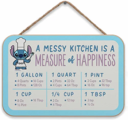 Disney Lilo y Stitch Una cocina desordenada es una medida de felicidad Letrero colgante de medición de madera con linda tabla de conversión de