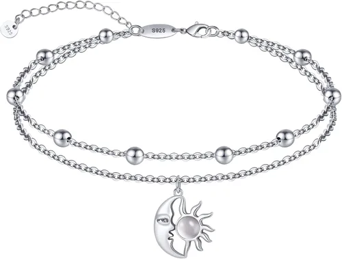 Miniatura 28 de CHIC & ARTSY Tobilleras de plata de ley S925 para mujer, pulsera de tobillo ajustable multicapa para playa, joyería de verano para mujer, de 10 a 11