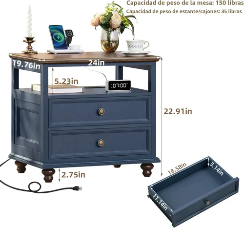 Miniatura 2 de Joaxswe Mesita de noche de estilo granja con estación de carga, mesa auxiliar de 61 cm de ancho con 2 cajones, cómoda azul para dormitorio, cómoda