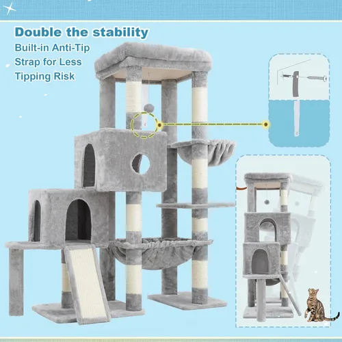 Miniatura 7 de Hey-brother Torre de árbol para gatos, postes rascadores con plataforma grande, 2 condominios, hamaca espaciosa, cesta acogedora, tabla de sisal