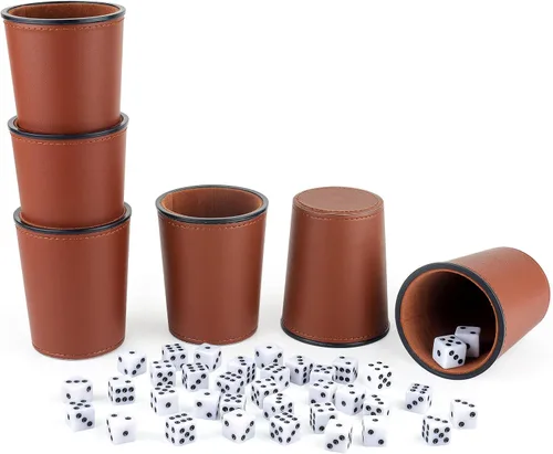Miniatura 9 de Juego de tazas de dados con forro de fieltro de cuero PU de Reriver, 6 tazas silenciosas mezcladoras de dados con 36 dados para juegos de Bar Party