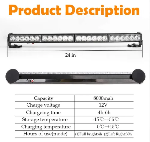 Miniatura 2 de Barra de luces de emergencia inalámbrica ámbar de 24 pulgadas para asesor de tráfico, con batería, luz estroboscópica de advertencia, destello