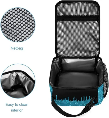 Miniatura 4 de Bolsa de almuerzo con nombre personalizado para hombres y mujeres, con monograma de purpurina azul, hielera, portátil, con nombre, para niñas, azul