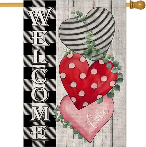 Miniatura 10 de Fukeen Bandera de bienvenida con flores rojas de doble cara, 28 x 40 pulgadas, fondo negro con geranio, amapola floral, hojas verdes, plantas