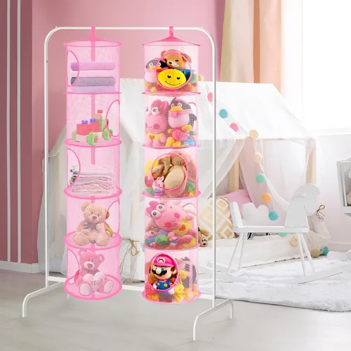 Miniatura 2 de Red de Animales de Peluche o Hamaca de Red de Juguetes, Almacenamiento Plegable de Animales de Peluche con 5 Compartimentos, Organizador de Rosa