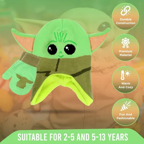 Miniatura 3 de Star Wars Baby Yoda - Gorro de invierno y guantes de nieve para niños y niños pequeños, juego de 3 piezas de gorro cálido con pompón con caja
