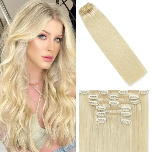 Miniatura 16 de WindTouch - Extensiones de cabello humano Remy con pinzas, color rubio decolorado combinado con balayage, para cabello rubio, 2.47 onzas, N.°