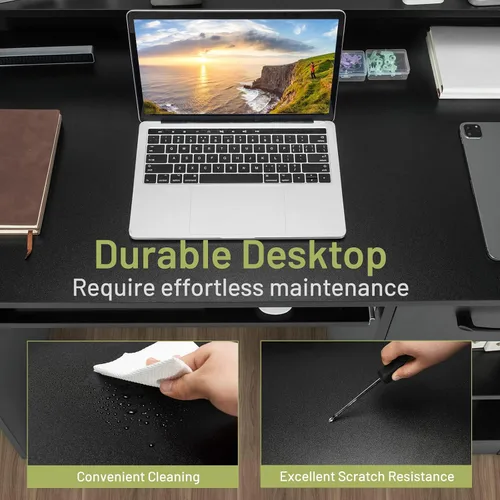 Miniatura 7 de Tangkula Escritorio para computadora con cajón y bandeja para teclado, escritorio de estudio moderno con gabinete de escritorio y estantes