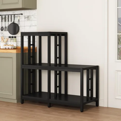 Miniatura 8 de Mini soporte para refrigerador con almacenamiento, gabinete negro para barra de café con espacio para mini refrigerador, soporte para microondas
