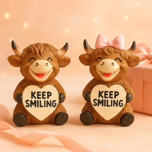 iStatue Paquete de 2 figuras de resina de vaca Highland de 3.6 pulgadas – Lindo regalo Sigue Sonriendo para Navidad, día de San Valentín,