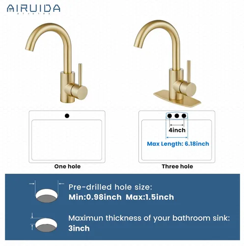 Miniatura 3 de Airuida Grifo de baño de un solo agujero, acero inoxidable giratorio de 360° con drenaje desplegable y placa de cubierta, grifo moderno de barra