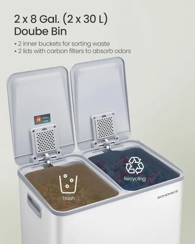 Miniatura 3 de SONGMICS Bote de basura, 2 x 8 galones (2 x 30 L) de doble compartimento con tapa de cierre suave, pedal y cubos interiores, acero inoxidable
