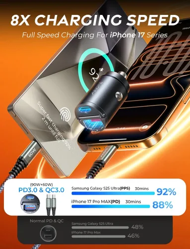 Miniatura 2 de AINOPE 90W para iPhone 17/16/15 Pro Max Cargador de coche USB C Fast Chage, [Mini y Metal] Adaptador de encendedor de cigarrillos invisible
