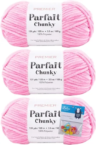 Miniatura 20 de Premier Yarns Parfait - Hilo de felpilla grueso, 3.5 onzas, peso súper voluminoso, paquete de 3 unidades con soportes para punto de Bella (chocolate)