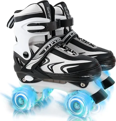 Patines ajustables para niños pequeños y adultos, ruedas iluminadas, 4 tamaños Negro&blanco
