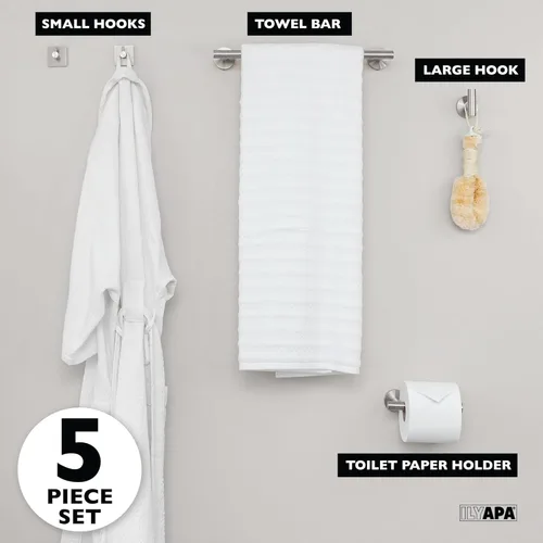 Miniatura 4 de Ilyapa Juego de accesorios de baño de níquel cepillado, juego de 5 toallas de baño de níquel satinado montado en la pared, toallero, 1 gancho
