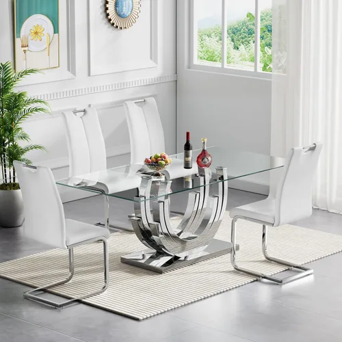Miniatura 23 de Juego de mesa de comedor de cristal dorado moderno de 70 pulgadas para 4, juego de mesa rectangular de 5 piezas con base de acero en forma de anillo