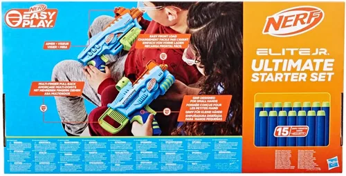 Miniatura 5 de Nerf Elite Jr Ultimate Starter Set, 2 lanzadores de espuma de juguete fáciles de jugar, 15 dardos Nerf Elite, 2 objetivos, juegos al aire libre
