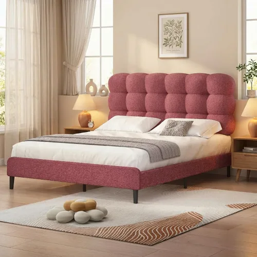 Miniatura 14 de Base de cama individual BarnFurin, cama plataforma con cabecero tapizado, base de cama de tela de bouclé suave con soporte de listones de madera
