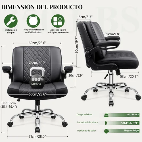 Miniatura 2 de Silla de oficina Criss Cross con respaldo abatible 2 en 1, silla ergonómica de piel sintética, altura ajustable, brazos giratorios y abatibles