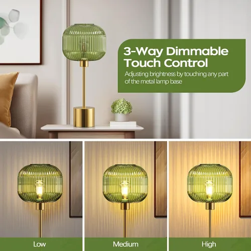 Miniatura 2 de QiMH - Lámpara de mesa de vidrio para sala de estar, lámpara de mesita moderna con pantalla de vidrio acanalada verde, lámpara de mesita de noche