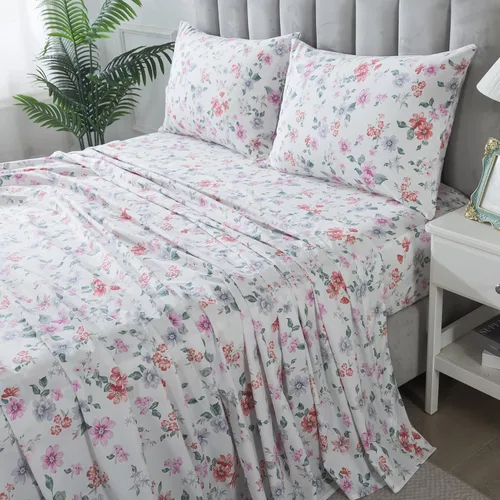 Miniatura 28 de FADFAY Juego de sábanas tamaño King, 100% algodón, elegante ropa de cama de granja con hojas verdes menta y flores blancas, sábana suave