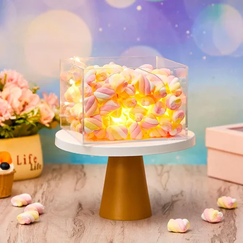 Miniatura 6 de Sintuff 3 soportes cuadrados de acrílico para tartas, 3 niveles, transparente, rellenable, con cadena de luces LED, soporte para cupcakes con tapa