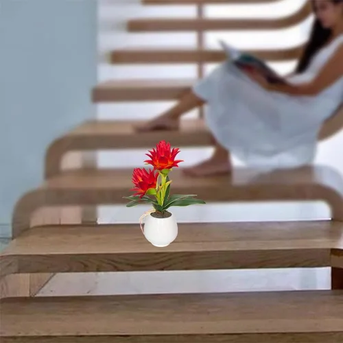 Miniatura 6 de Bromelia roja en maceta, flores artificiales con jarrón para decoración del hogar y la oficina, bonsái de planta tropical sintética estética, 13.4