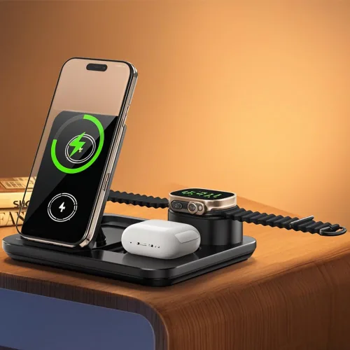 Miniatura 13 de IHAO Estación de carga inalámbrica plegable multifuncional 3 en 1 con luz nocturna LED ambiental, cargador rápido QC3.0 para teléfono, iWatch