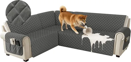 Miniatura 30 de Fundas impermeables para sofá seccional de esquina en forma de L, de terciopelo, juego de 6 piezas, funda en forma de U para sofá, para perros