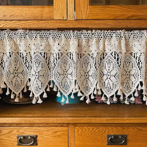 Cenefa de cortina de ganchillo retro para ventana de cocina, cortinas bohemias para decoración de café, bolsillo para barra, cortinas cortas para