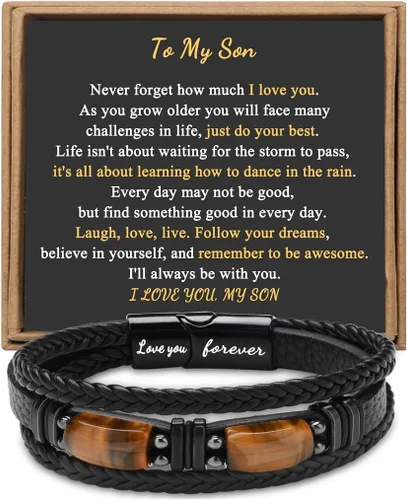 Miniatura 6 de Regalos únicos para hombres, pulsera de cuero para hombres, papá, novio, hijo, nieto, hermano, te amo para siempre, piedra ojo de tigre, día