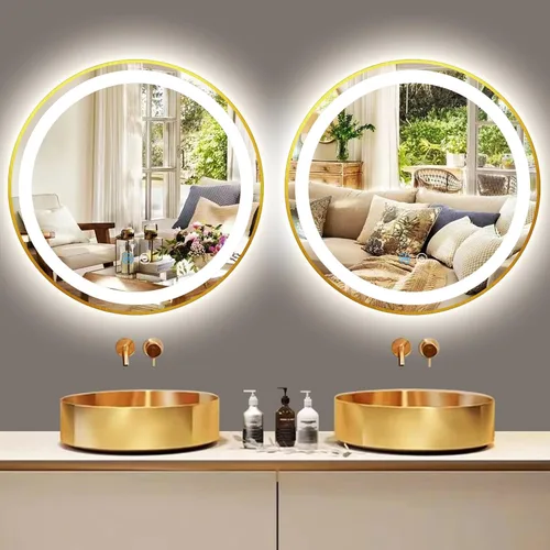 Miniatura 7 de Espejo de tocador redondo dorado con luces, luz frontal regulable de 3 colores, marco dorado de 16 pulgadas, espejo redondo iluminado para baño