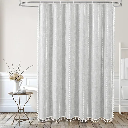 Miniatura 2 de MitoVilla Cortina de ducha bohemia extra larga de 72 x 96 pulgadas, color gris claro, moderna, estilo casa de campo, 96 pulgadas, XL, tela de lino