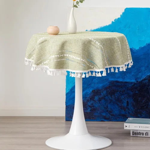 Miniatura 12 de Mantel Redondo Pequeño de Lino Rústico para Mesita de Noche con Rayas Bordadas Lavable Azul Cubierta de Mesa Estilo Granja con Puntadas y Borlas