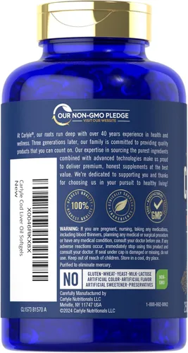 Miniatura 3 de Cápsulas blandas de aceite de hígado de bacalao Carlyle 1245 mg 250 unidades Noruego Sin OMG, sin gluten