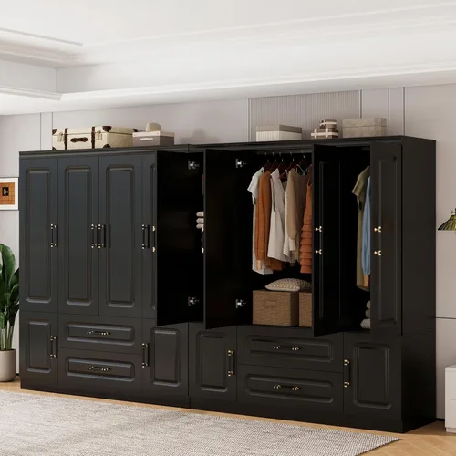 Miniatura 6 de Armario de madera, armario de almacenamiento grande, diseño de 4 puertas, armario con 2 cajones y 2 varillas para colgar, adecuado para dormitorio